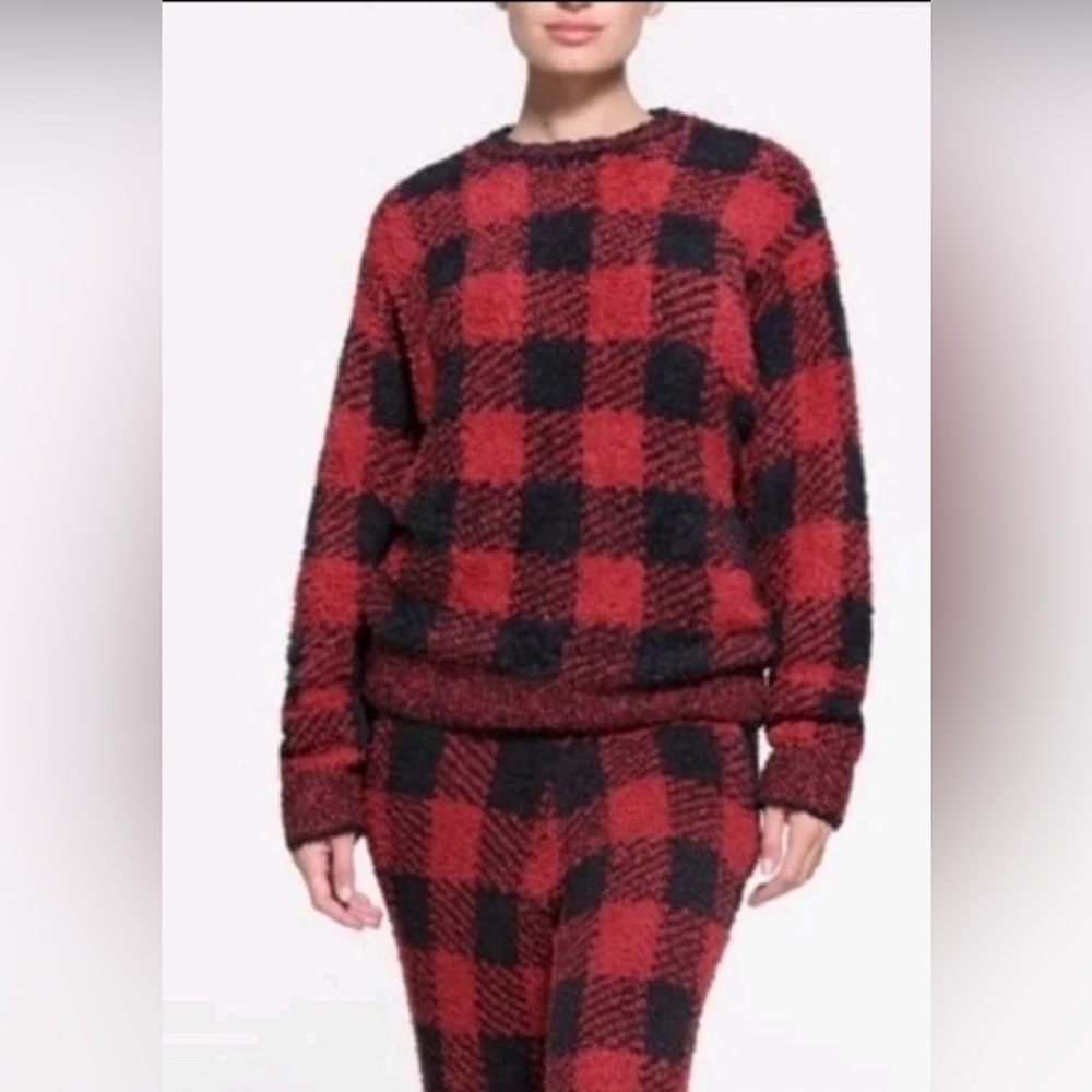 SKIMS Cozy Knit Pullover Sweater Red Black Brick Buffalo Plaid S/M and L/XL NWT
